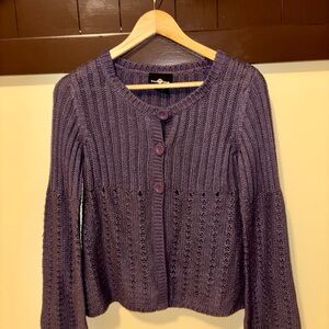 Purple Bell Sleeve Knit Cardigan – Chunky Button Sweater Size M